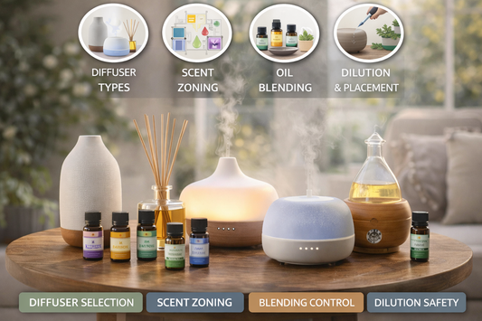 Ultrasonic and reed diffusers with essential oil bottles arranged on a wooden table in a softly lit living room setting with natural light and greenery