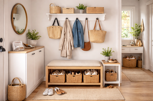 Minimalist entryway with a wooden bench, woven storage baskets, wall hooks for bags and coats, and a neutral decor layout under natural light