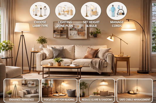 Living room with a sofa and multiple floor lamps including a tripod lamp and arc lamp arranged to create balanced ambient and task lighting under warm indoor light