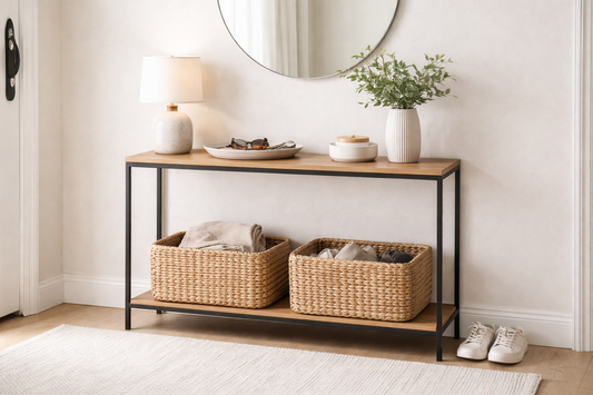 Minimal realistic entryway scene with a narrow console table styled with a small lamp, a catchall tray for keys, a simple vase, and two woven baskets below under soft neutral lighting with a clean background and no text