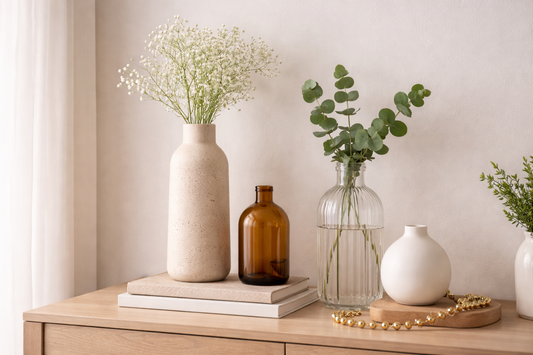 Minimal console table décor with ceramic vases and decorative glass bottles styled with greenery, neutral books, and soft natural light