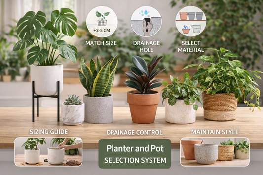 Assorted indoor plants displayed in terracotta, ceramic, and woven planters arranged on a wooden surface in a bright home setting
