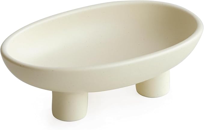 WENSHUO Three-Legs Ceramic Fruit Bowl for Kitchen Counter, Decorative Bowl for Table Décor, 10-inch Oval Large Bowls for Breads (Matte Crème)