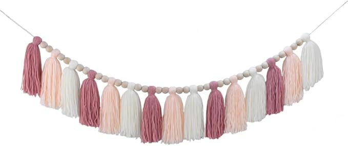 DrCor Pastel Pink Boho Tassel Garland – Blush Nursery Wall Decor for Girls Bedroom, Kids Room or Dorm, Gender Reveal or Baby Shower Backdrop, Bohemian Mantel or Entryway Decoration