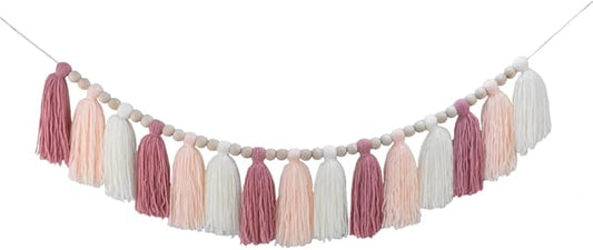 DrCor Pastel Pink Boho Tassel Garland – Blush Nursery Wall Decor for Girls Bedroom, Kids Room or Dorm, Gender Reveal or Baby Shower Backdrop, Bohemian Mantel or Entryway Decoration