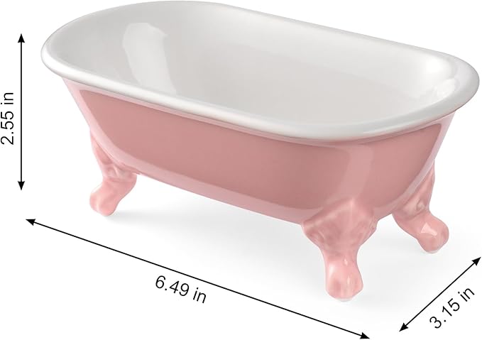 6.5" Ceramic Mini Decorative Clawfoot Bathtub Bar Soap Dish, Kitchen Sponge Holder and Shower Tray for Bathroom, 1 Pack(Rose)