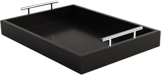 JJSQYLAN Wooden Serving Tray with Handles Rectangle Breakfast Tray for Coffee Table Decorative Ottoman Tray 16”x 12” for All Occasion's (Blck)
