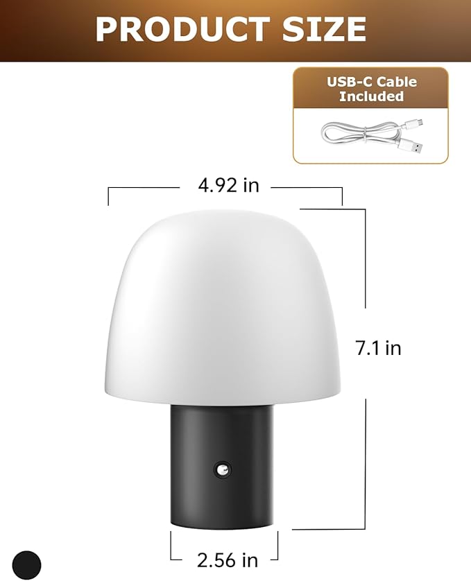 Portable LED Table Lamp, Cordless Desk Lamp Rechargeable, 3-Color Touch Stepless Dimming Night Light for Bedroom/Children's Room/Terrace/Dining Room/Cafe (Black)