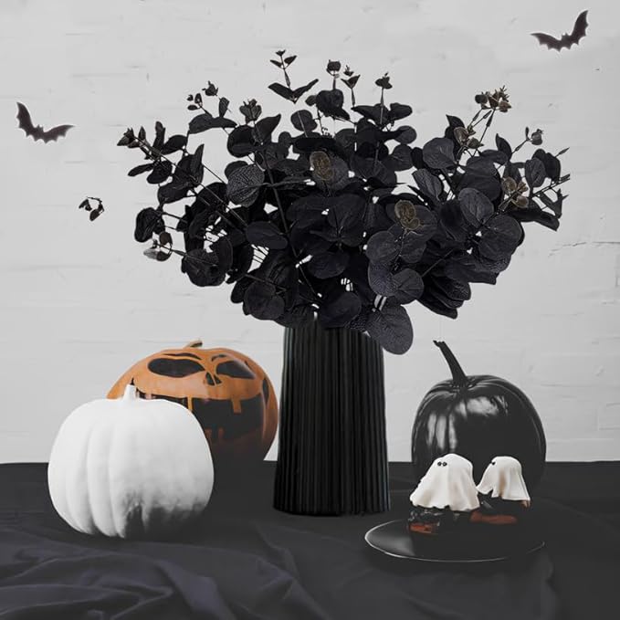 Tinsow 5 Pcs Black Artificial Eucalyptus Stems Faux Eucalyptuses Branches Black Leaf Halloween Centerpiece Halloween Home Decor (Black, 5)