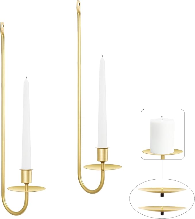 Gold Candle Sconces Set of 2, 13.2 Inch Taper & Pillar Wall Candle Holder, Wall Candle Sconces Set of Two, Decor for Entryway, Fireplace, Living Room, Gifts for Women Men