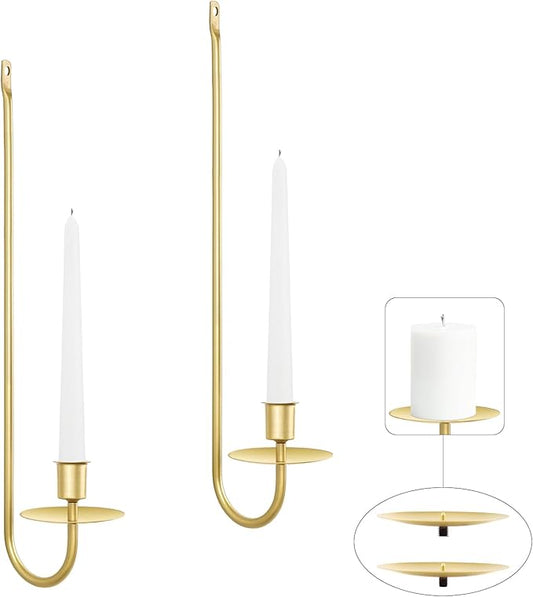 Gold Candle Sconces Set of 2, 13.2 Inch Taper & Pillar Wall Candle Holder, Wall Candle Sconces Set of Two, Decor for Entryway, Fireplace, Living Room, Gifts for Women Men