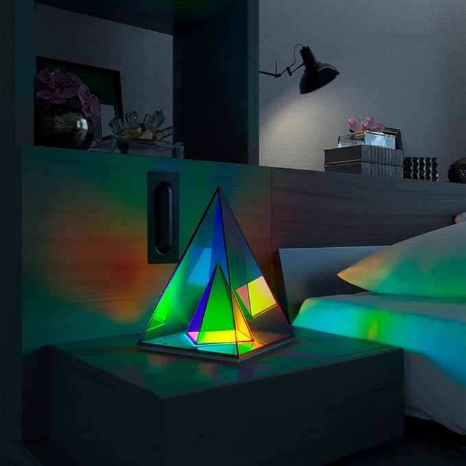 'Pyramid' Modern Table Lamp, Simplistic and Innovative Design, Colorful Transparent LED Desk Light, Unique Warm Decorative Night Light, 3D Acrylic Home Decor (Small)