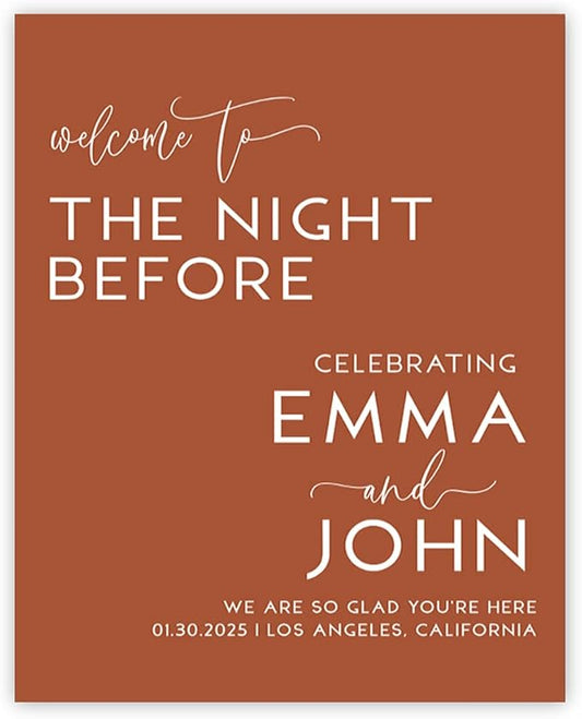 Andaz Press Personalized Canvas Wedding Rehearsal Dinner Welcome Sign, 16"x20" Custom The Night Before Welcome Sign for Easel Stand, Boho Terracotta Rehearsal Dinner Decorations