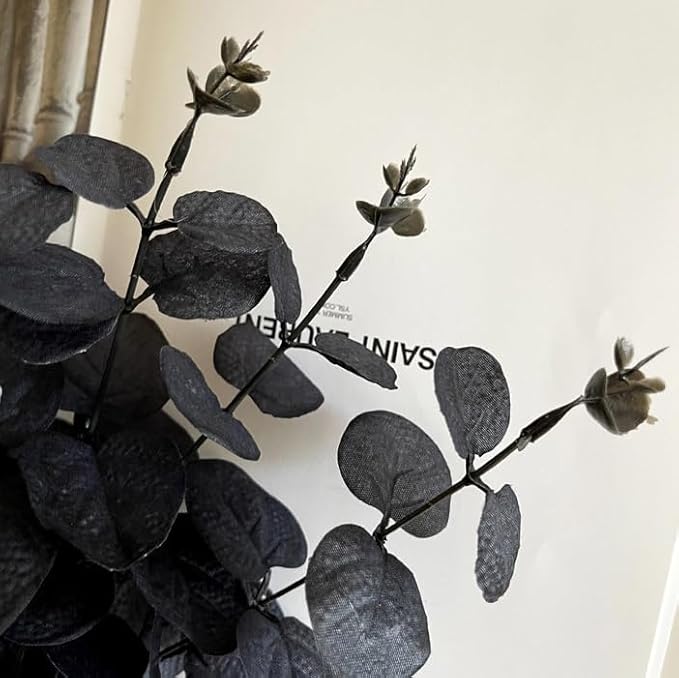 Tinsow 5 Pcs Black Artificial Eucalyptus Stems Faux Eucalyptuses Branches Black Leaf Halloween Centerpiece Halloween Home Decor (Black, 5)