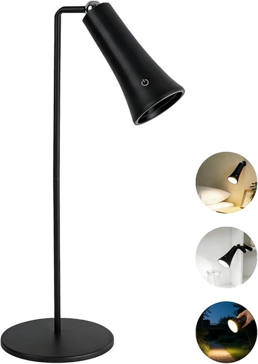 Rechargeable LED Desk Lamp, 4-in-1 Cordless Table Lamp, Magnetic Wall Mount LED Light, with Stepless Brightness, 3 Color Dimmable, 360° Rotation, For Reading, Office, Bedroom,Working, Hallway (Black)