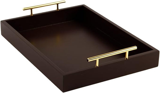 JJSQYLAN Wooden Serving Tray with Handles Rectangle Breakfast Tray for Coffee Table Decorative Ottoman Tray 16”x 12” for All Occasion's (Dark Brown)