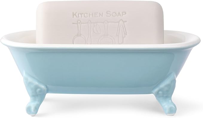 6.5" Ceramic Mini Decorative Clawfoot Bathtub Bar Soap Dish, Kitchen Sponge Holder and Shower Tray for Bathroom, 1 Pack(Baby Blue)