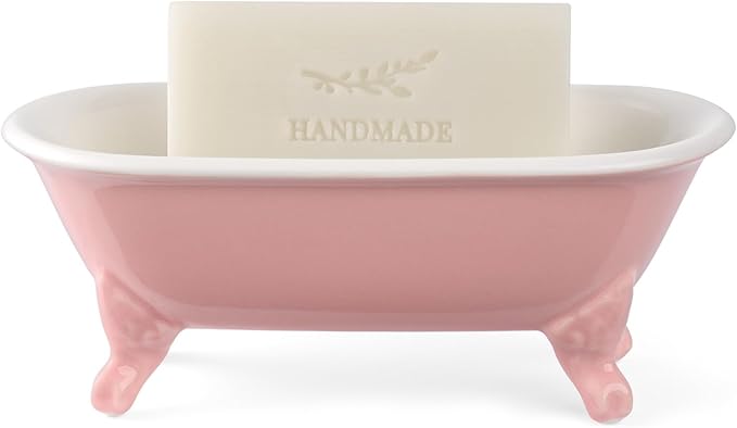 6.5" Ceramic Mini Decorative Clawfoot Bathtub Bar Soap Dish, Kitchen Sponge Holder and Shower Tray for Bathroom, 1 Pack(Rose)