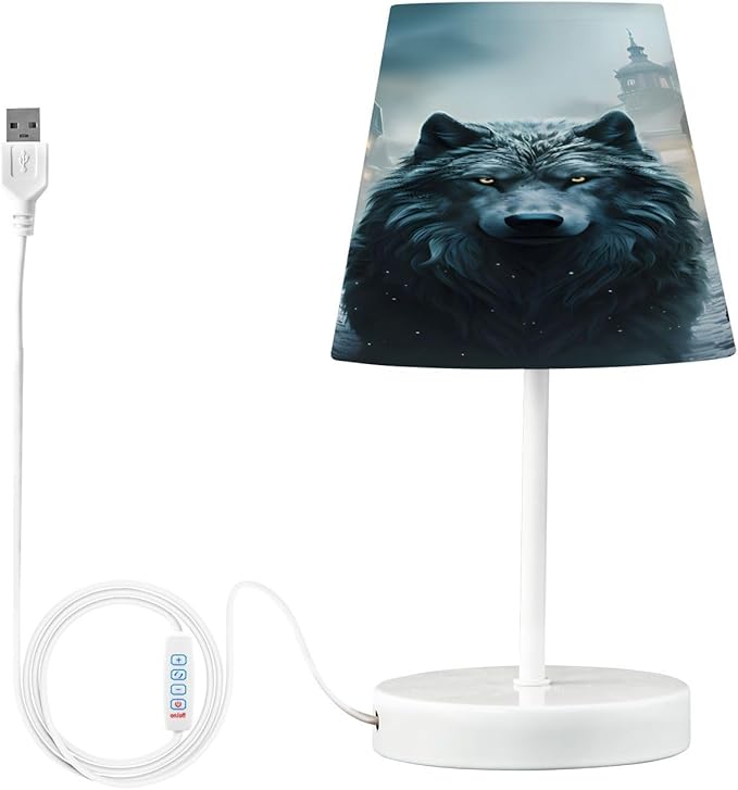 ALAZA Wolf Cityscape Decor Bedside Table Lamp with USB Port 3 Color Temperatures LED Desk Lamp for Bedroom Office S