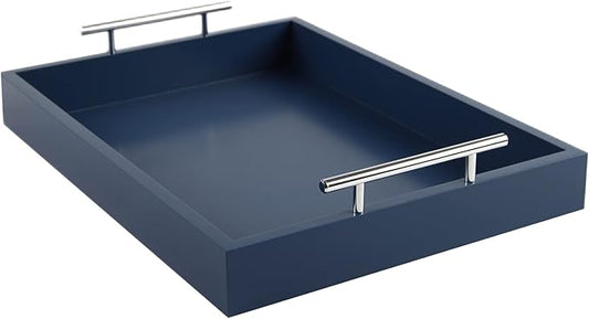 JJSQYLAN Wooden Serving Tray with Handles Rectangle Breakfast Tray for Coffee Table Decorative Ottoman Tray 16”x 12” for All Occasion's (Blue)