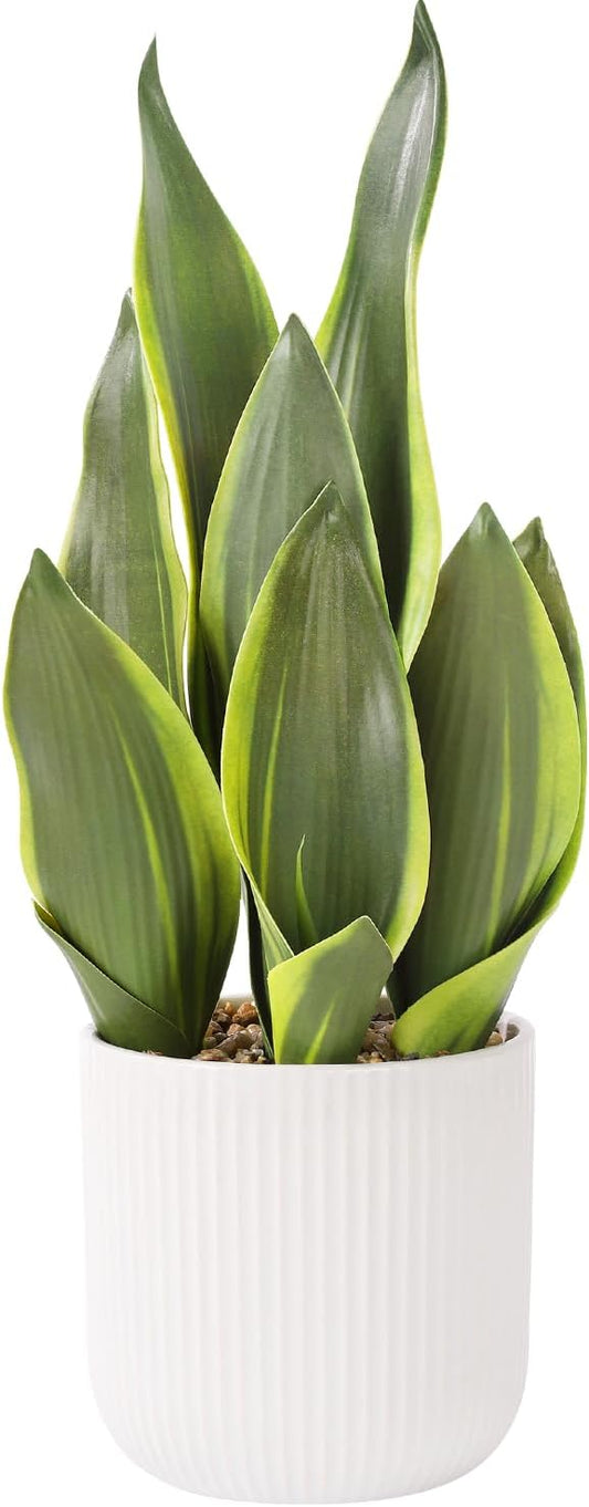 Artificial Realistic Snake Plant 16" with White Ceramic Pot Fake Snake Plants Sansevieria Greenery Faux Snake Plant for Home Office Living Room Housewarming Gifts Indoor Decor