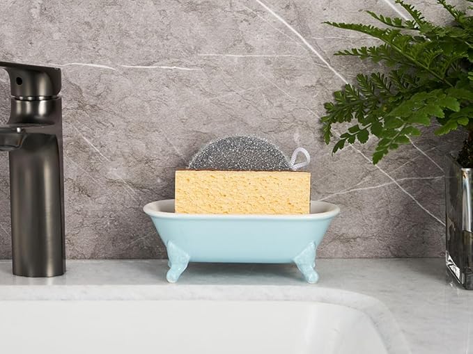 6.5" Ceramic Mini Decorative Clawfoot Bathtub Bar Soap Dish, Kitchen Sponge Holder and Shower Tray for Bathroom, 1 Pack(Baby Blue)