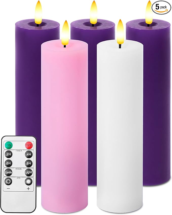 Pillar Advent Candles Set of 5, Battery Operated Advent Candle Set with Remote and Timer, 2x7 Pink and Purple Pillar Candle Set, Flameless Advent Candles for Advent Wreath Pillar Candle Holder
