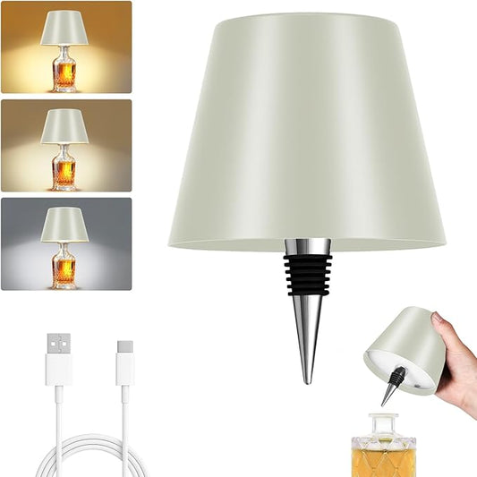 Rechargeable Wireless Bottle Lamp - 3 Color Stepless Dimmable, Metallic Beige Lampshade, 12H Bright Light or 96H Soft Glow, Ideal for Home Décor, Parties, Bar