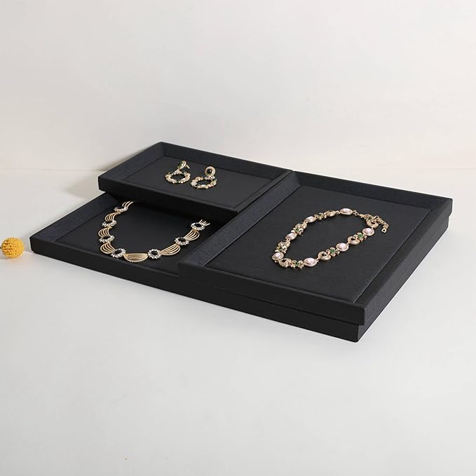 GemeShou Gemehou faux PU leather Jewelry Viewing Tray, Stackable Jewelry Plate, Rectangle Jewelry showcase, Empty Jewelry tray for Necklace Bracelet Ring Earring Watch (Black-Medium, 11.8 x 9.1 in)