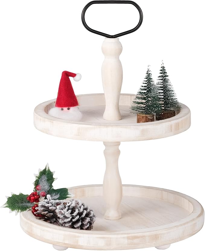 Mustry Rustic Wooden 2 Tiered Tray, Round Farmhouse Kitchen Table Decor Serving Tier Tray, Food Fruits Cupcake Display Coffee Bar Home Party Seasonal Decorations (White)