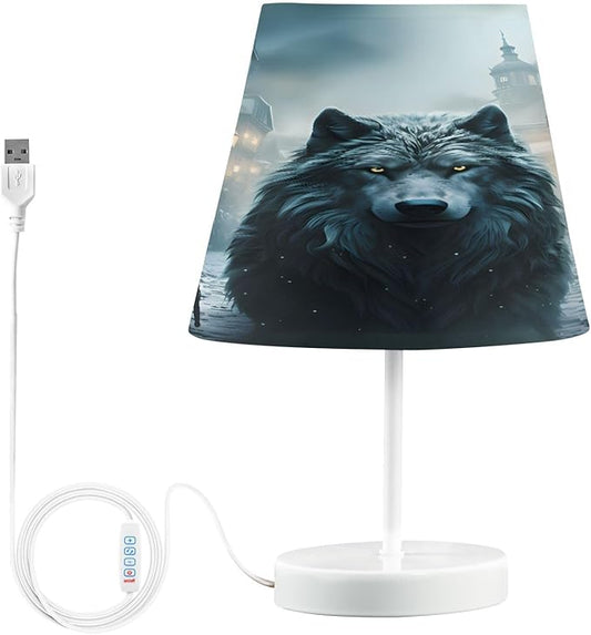 ALAZA Wolf Cityscape Decor Bedside Table Lamp with USB Port 3 Color Temperatures LED Desk Lamp for Bedroom Office S
