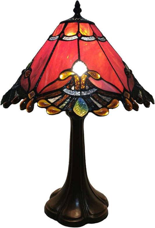 Bieye L10021 Baroque Tiffany Style Stained Glass Table Lamp Night Light with 13 Inches Wide Handmade Lampshade Metal Base for Bedside Bedroom Living Room Decoration, 13" W x 19" H, Red