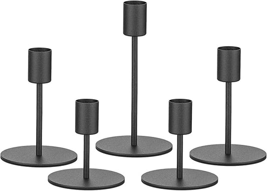 Smtyle Original Design Black Candle Holders for Candle Sticks, Set of 5 Metal Taper Candle Holders Heavyweight Rustic Centerpieces for Tables, Dining, Fireplace, and Mantel Decor