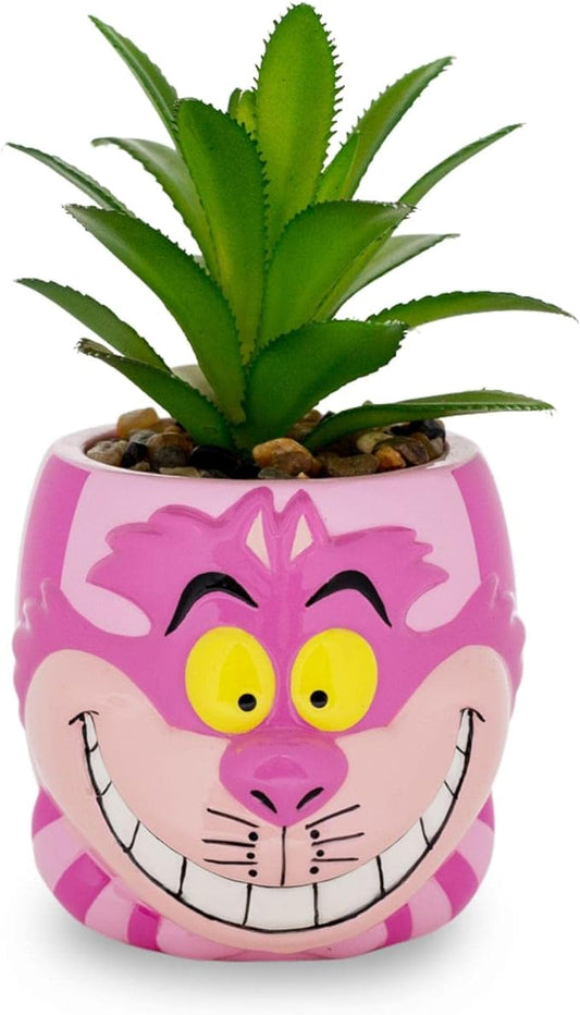 Silver Buffalo Disney Alice in Wonderland Cheshire Cat 3-Inch Ceramic Mini Planter w/Artificial Succulent | Small Flower Pot, Faux Indoor Plants for Desk Shelf, Home Decor Trinket Tray