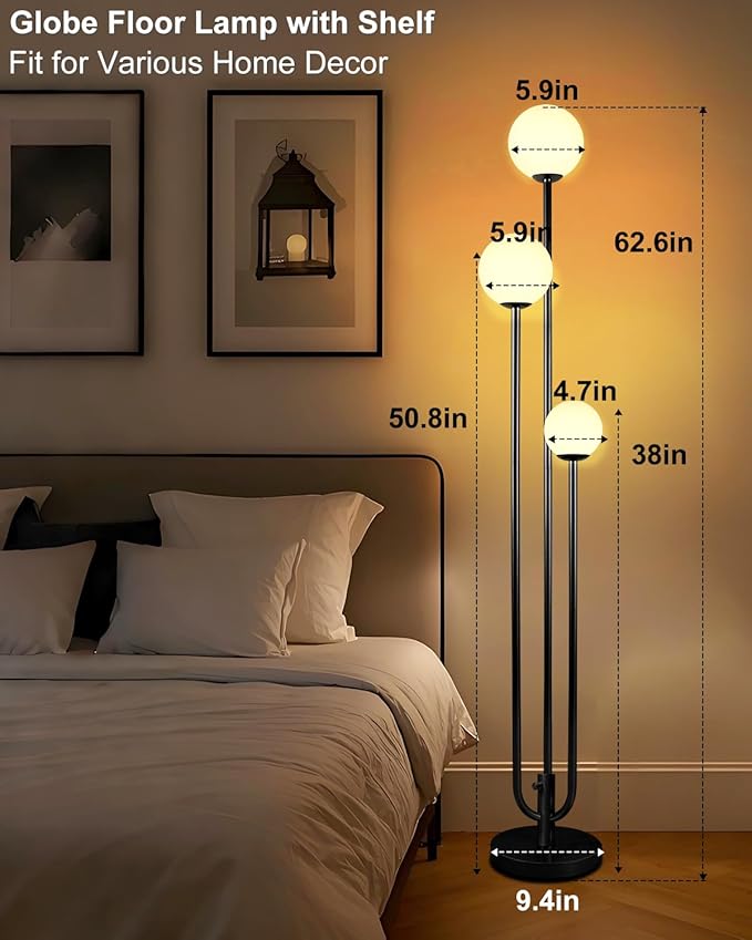 Lightdot 63IN Black Floor Lamp Dimmable with Candle Holder Style Mid Century Standing Lamps, 3000K Warm White Bulbs Included, Modern Globe Floor Lamp for Living Room/Bedroom/Sofa Beside/Corner Decor