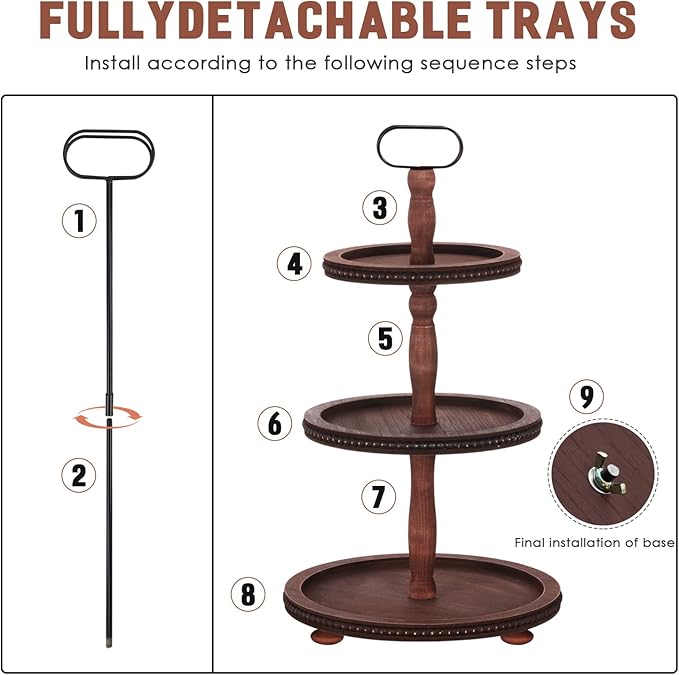 Urban Deco Wooden Tiered Tray 3-Tier Decorative Tray Stand Farmhouse Serving Tray, Round Wooden Cupcake Display Stand with Metal Handle, Brown Tiered Fruits Tray for Home Party Decorations