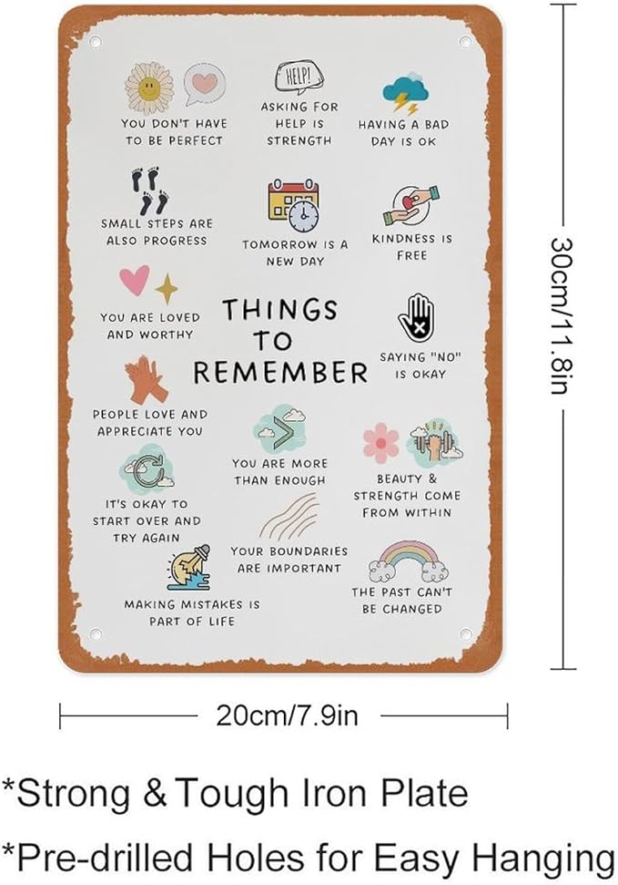 Things To Remember Metal Sign Poster 12x8 Inch Wall Decor Minimalist Boho Affirmations Therapy Office School Counselor Counseling Center Mental Health CBT DBT Anxiety Relief Gifts