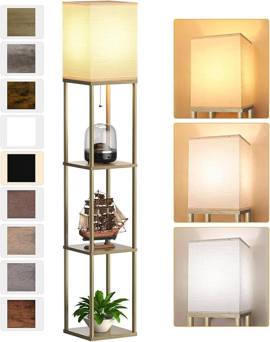 Floor Lamp with Shelves for Living Room Natural Wood, Shelf Floor Lamp with 3 CCT LED Bulb, Corner Display Standing Column Lamp Etagere Organizer Tower Nightstand with White Linen Shade for Bedroom