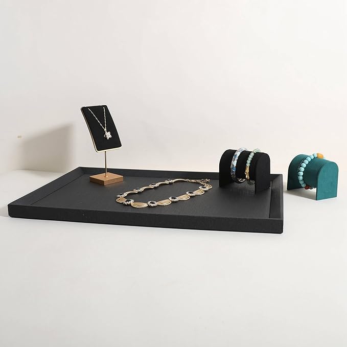 GemeShou Gemehou faux PU leather Jewelry Viewing Tray, Stackable Jewelry Plate, Rectangle Jewelry showcase, Empty Jewelry tray for Necklace Bracelet Ring Earring Watch (Black-Large, 17.7 x 11.8 in)