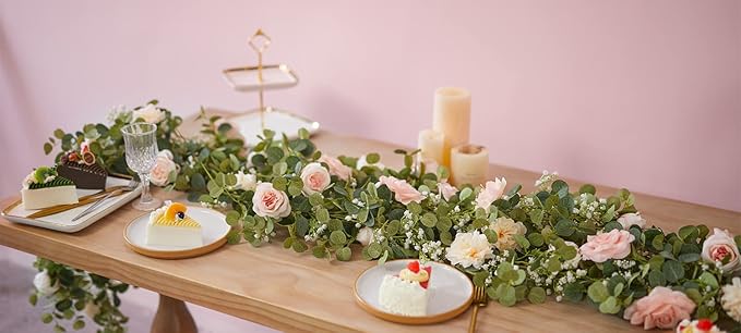 Anna's Whimsy 5.91FT Artificial Eucalyptus Garland with Flowers, Fake Rose Gypsophila Garland, Faux Floral Greenery Garlands for Wedding Spring Party Art Table Runner Decor (Pink, 1)