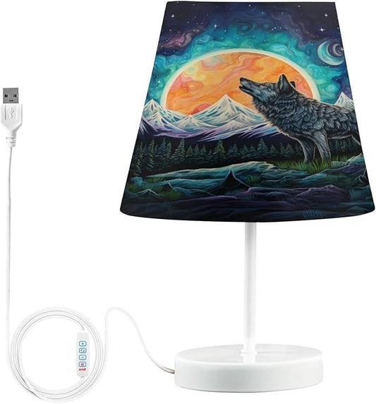 ALAZA Moon Night Mountain Wolf Decor Bedside Table Lamp with USB Port 3 Color Temperatures LED Desk Lamp for Bedroom Office S