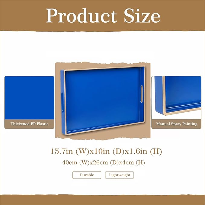 Zosenley Decorative Tray, Rectangular Plastic Tray with Handles, Modern Vanity Tray and Serving Tray for Bathroom, Kitchen, Ottoman and Coffee Table, 15.6” x 10.2” (Drak Blue)