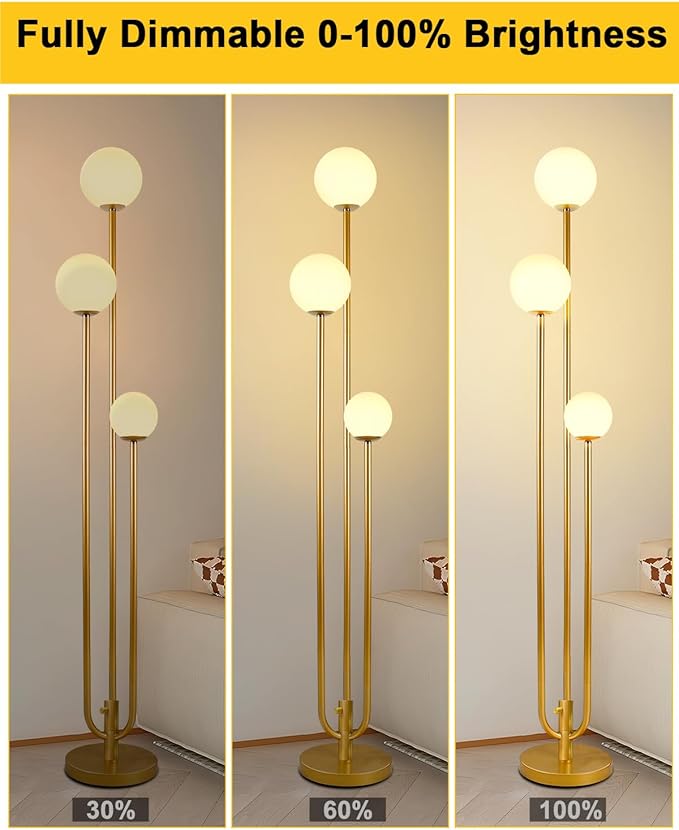 Lightdot 63IN Gold Floor Lamp Dimmable 3-Lights Globe LED Floor Lamps with 3000K Soft Warm White for Wedding/Party Candle Holder Style Tall Lamp for Living Room/Bedroom/Sofa Beside/Corner Decor