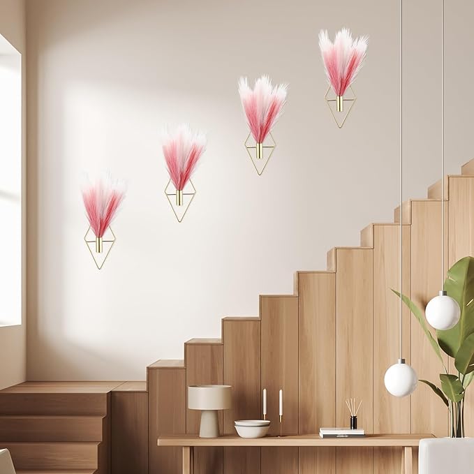 Hanaive 4 Sets Boho Wall Decor Metal Wall Art Hanging Planters with Artificial Pampas Display Modern Home Vase for Bedroom Home Office(Bean Paste Color, Beige, Light Pink,Gradient Pink)