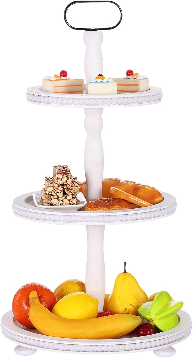 Urban Deco Wooden Tiered Tray 3-Tier Decorative Tray Stand Farmhouse Serving Tray, Round Wooden Cupcake Display Stand with Metal Handle, White Tiered Fruits Tray for Home Party Decorations