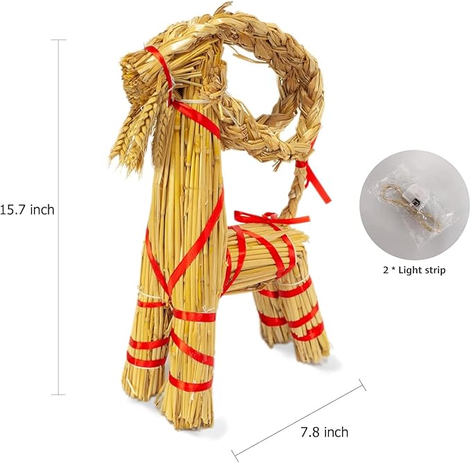 15.7" Lighted Christmas Straw Goat Home Decor Swedish Scandinavian Yule Style Decorative Handmade Ornaments with LED Light for Indoor Christmas Home Kitchen Bedroom Decor