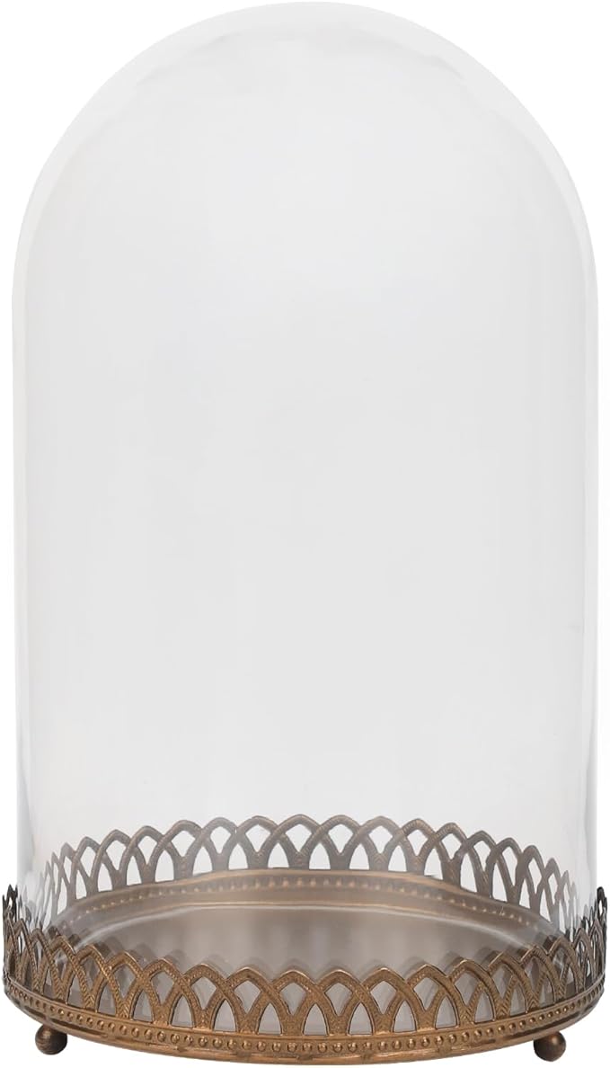 14" Tall Glass Dome with Metal Base Base in Antique Bronze for Terrarium, Plants, Trinkets, Cakes, Figurines, LED Light String, Candle. Cloche Glass Dome, Bell Jar Display Case, Mantle (1, 8"x14")