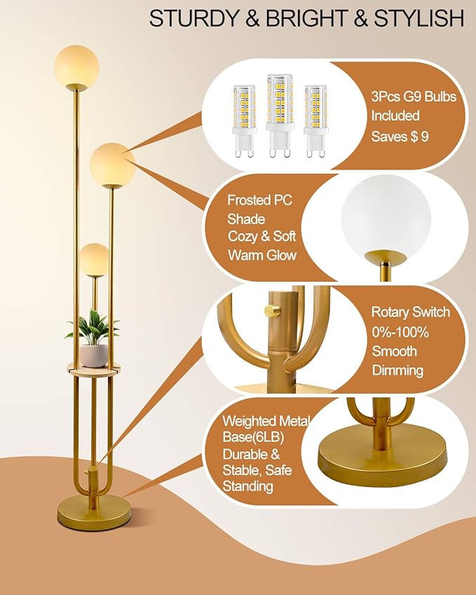 Lightdot 63IN Dimmable Gold Floor Lamp with Shelf Mid Century Standing Lamps with 3000K Bulbs Included with Candle Holder Style Modern Globe Floor Lamp for Living Room/Party/Sofa Beside/Corner Decor