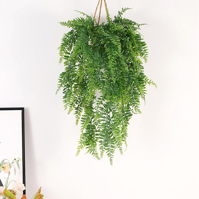 Artificial Boston Hanging Plants, Fake Ferns Ivy Plastic Plant Vine Faux Leaves UV Resistant Vines Greenery for Indoor Outdoor Bathroom Decor Office Garden Party Wedding DIY Decoration 4 Pack