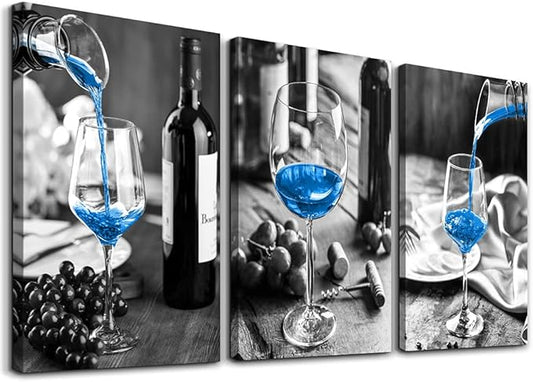 Canvas Wall Art For Kitchen Wall Decor For Dining Room Black And White Wine Glasses Painting Modern Blue Wine Canvas Art Prints Ready To Hang Pictures For Restaurant Home Decorations 16"X24" 3 Pieces
